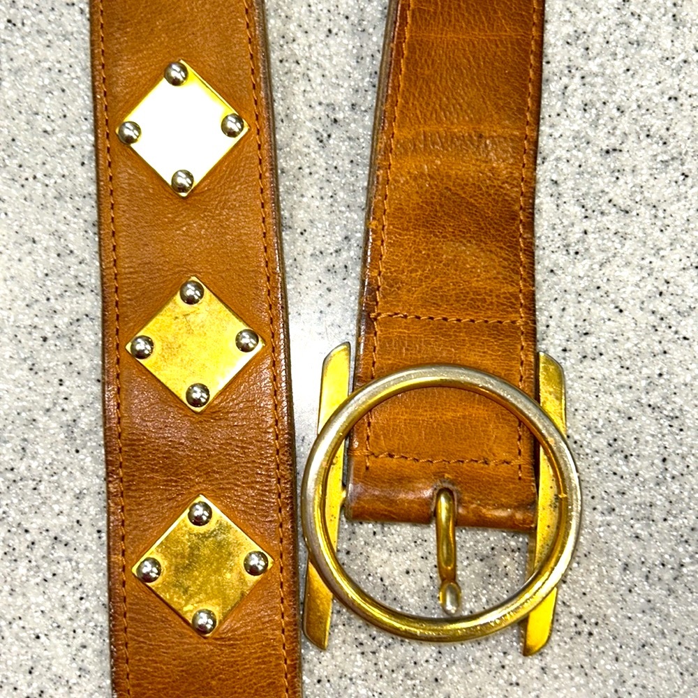 RARE SUPER COOL Vintage brown leather belt with 2 inch buckle metal gold squares